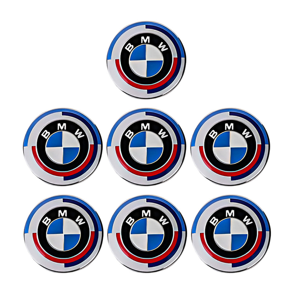 BMW 50th Anniversary 7 Pcs. Boot / Bonnet / Steering Wheel Badges & Wheel Centre Caps Complete Set